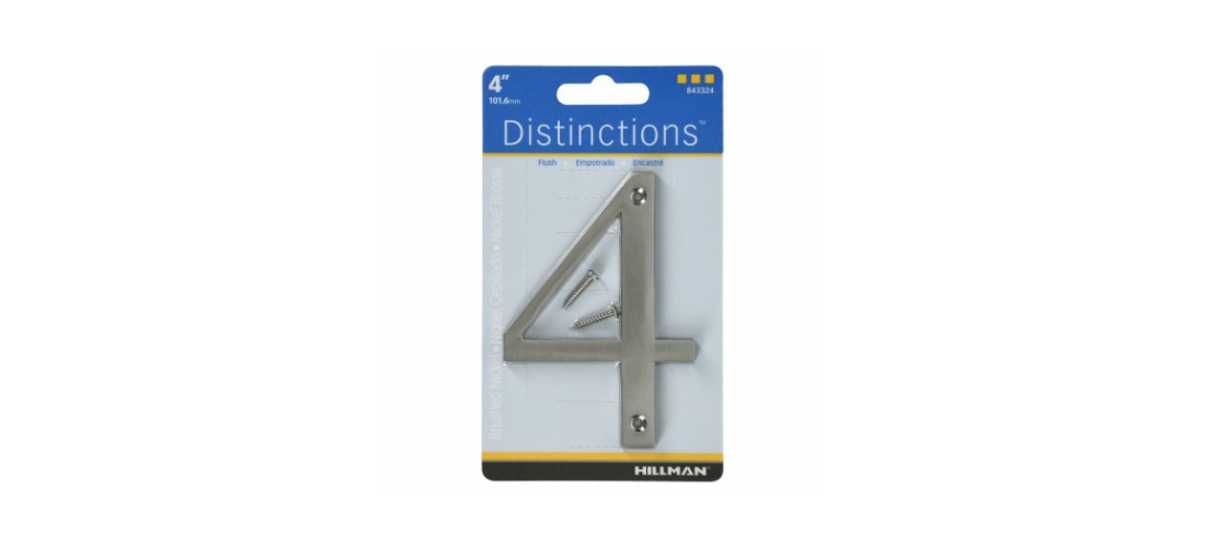 Number Distinctions 4" Silver Zinc Die-Cast Screw-On 4 Brushed Nickel