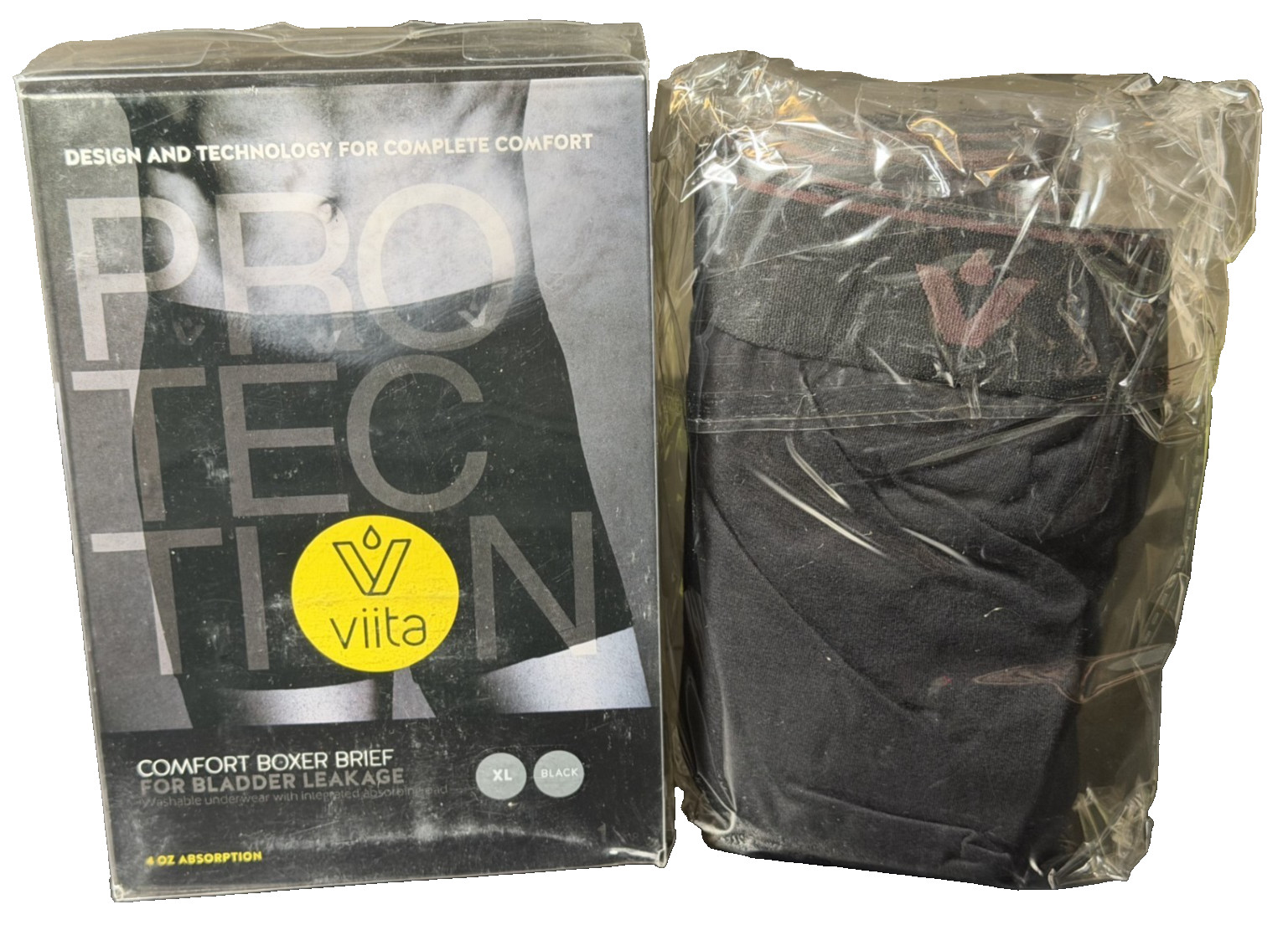 Viita Mens Comfort Boxer Brief for Bladder Leakage Size 1XL XL ~ Black ~ Sealed