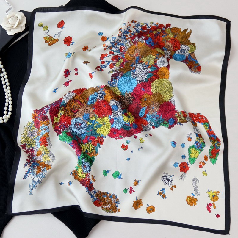 100% Mulberry Silk Scarf Bandanna Floral Horse Print Necktie Turban Hairband 21"
