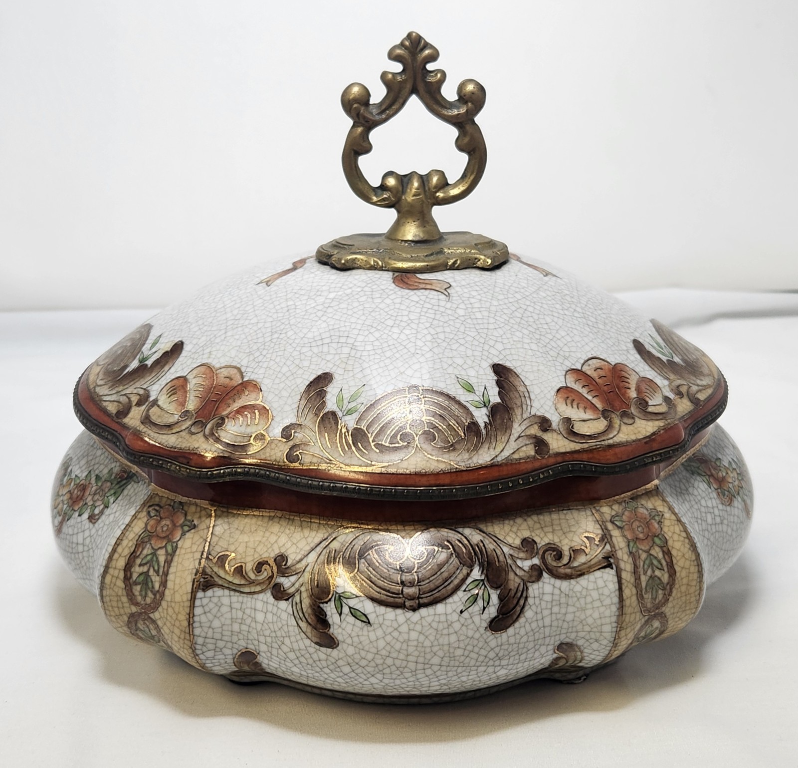 Vintage Style Toyo Porcelain Floral Trinket Box with Brass Handle