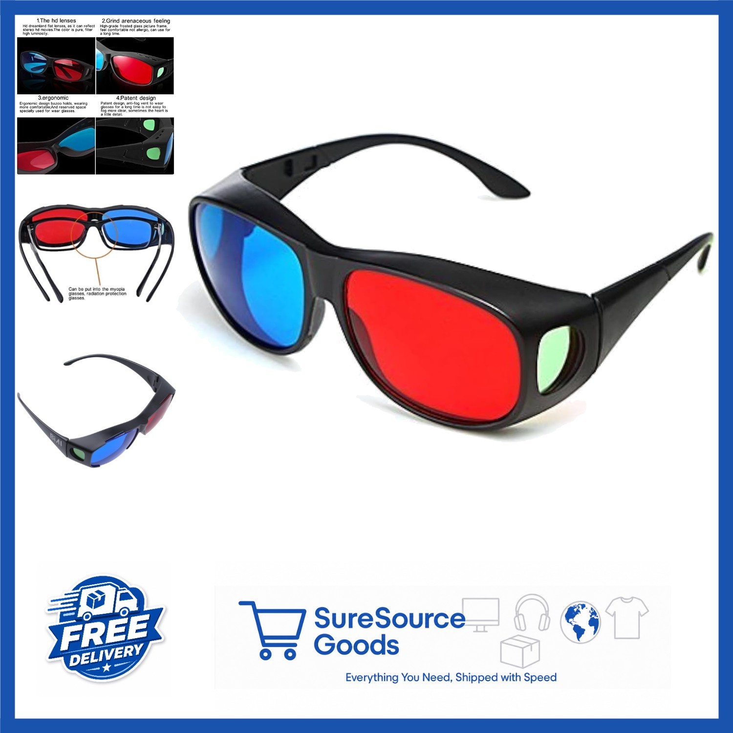 Simple Style Red Blue 3D Glasses with Case and Cleaning Cloth Included
