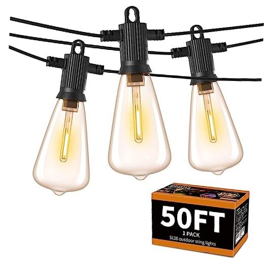 Outdoor String Lights 50 FT, Patio Bulbs with 27 LED Plastic Edison ST38 50ft