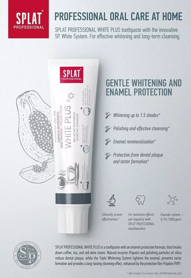 SPLAT White Plus Toothpaste 100ml – Gentle Whitening for Sensitive Teeth – US St