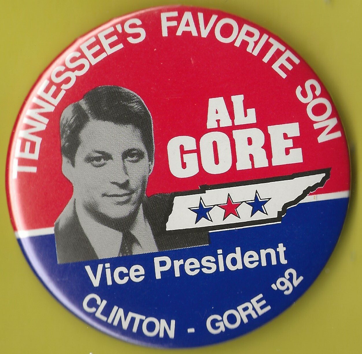 1992 Bill Clinton & Al Gore 3" / Tenn. Vice Presidential Campaign Button(Pin01)