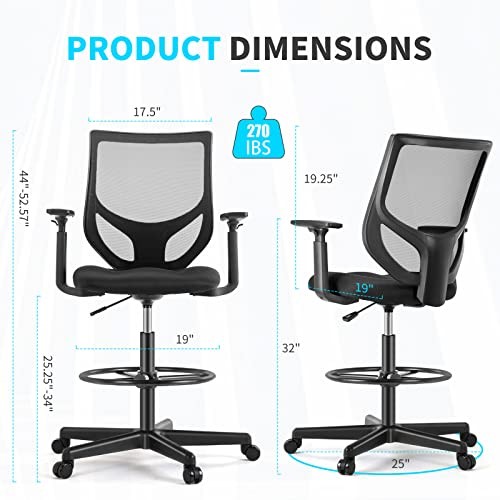AFO Tall Drafting Chair with Adjustable Foot Ring, Ergonomic Lumbar Supportive