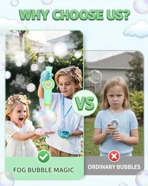 Fog Bubble Machine, Smoke Bubble Wand Machine Rechargeable with Lights & Green