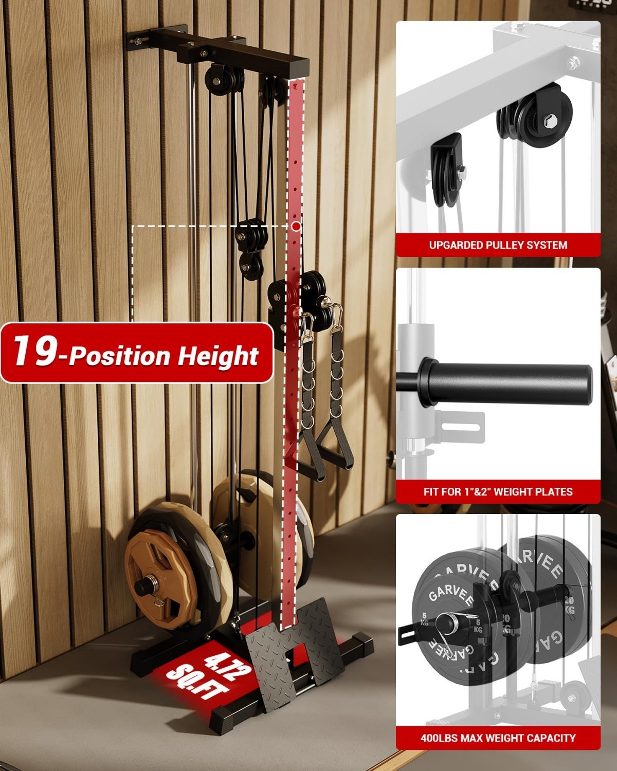 Wall Mount Cable Machine 18 Positions Adjustable Pulley System with Footplate