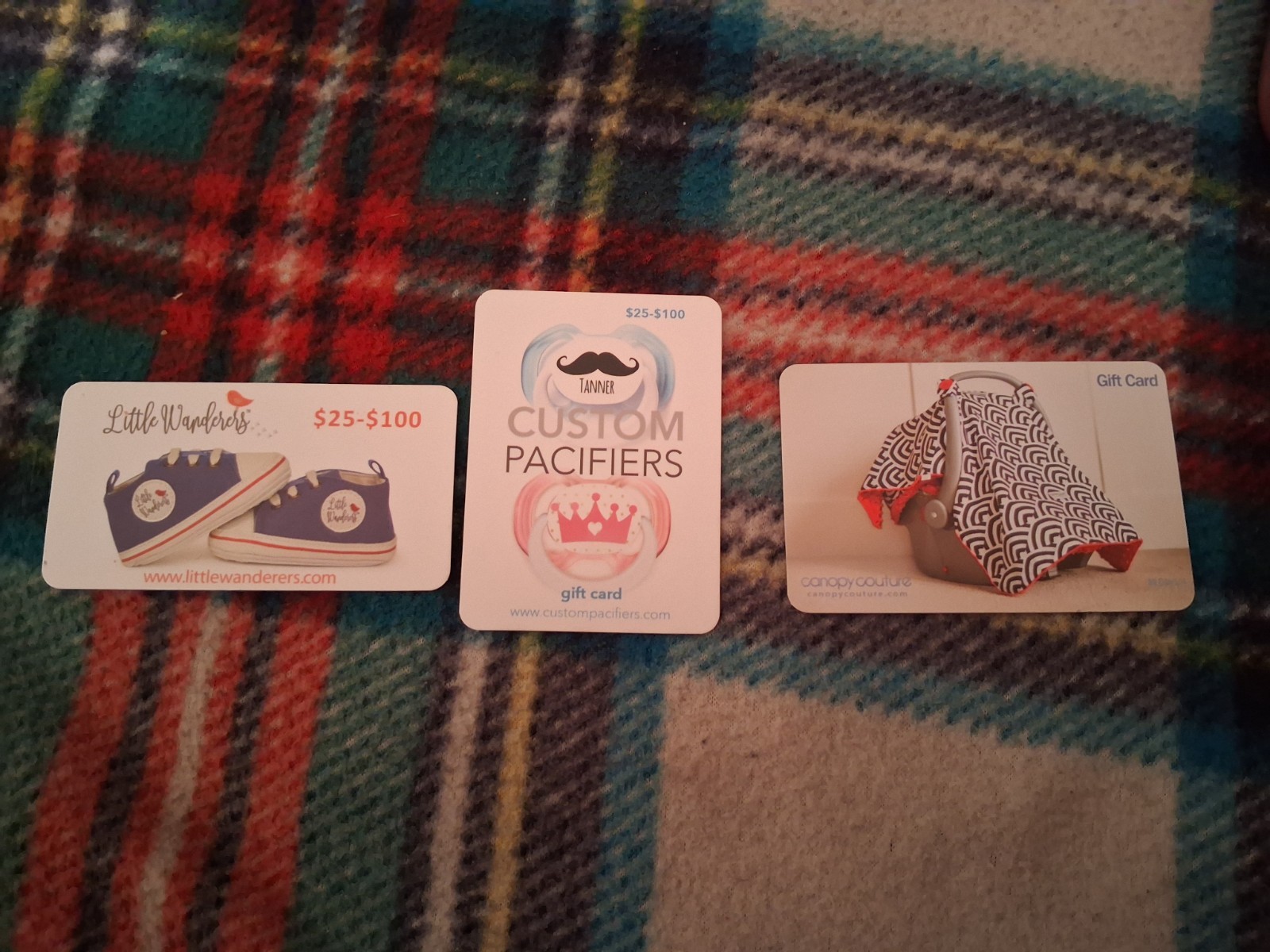 3 gift card vouchers valued at $140  canopy couture  Custom pacifiers little wan