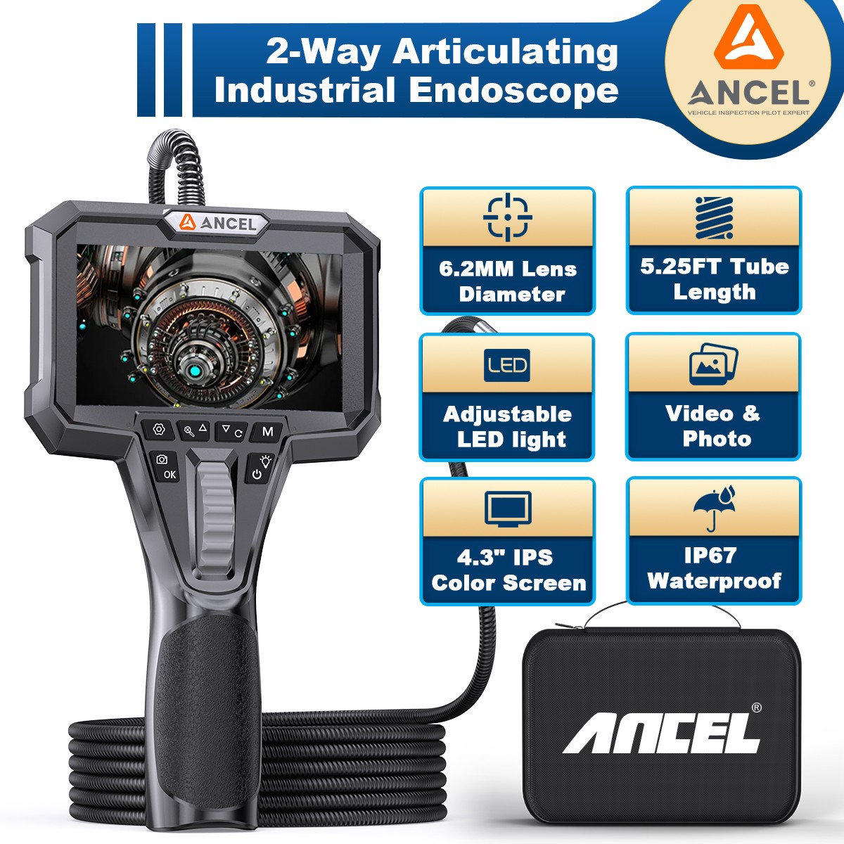 ANCEL AN301/302/303 210° Articulating Endoscope Inspection Tool Camera Borescope