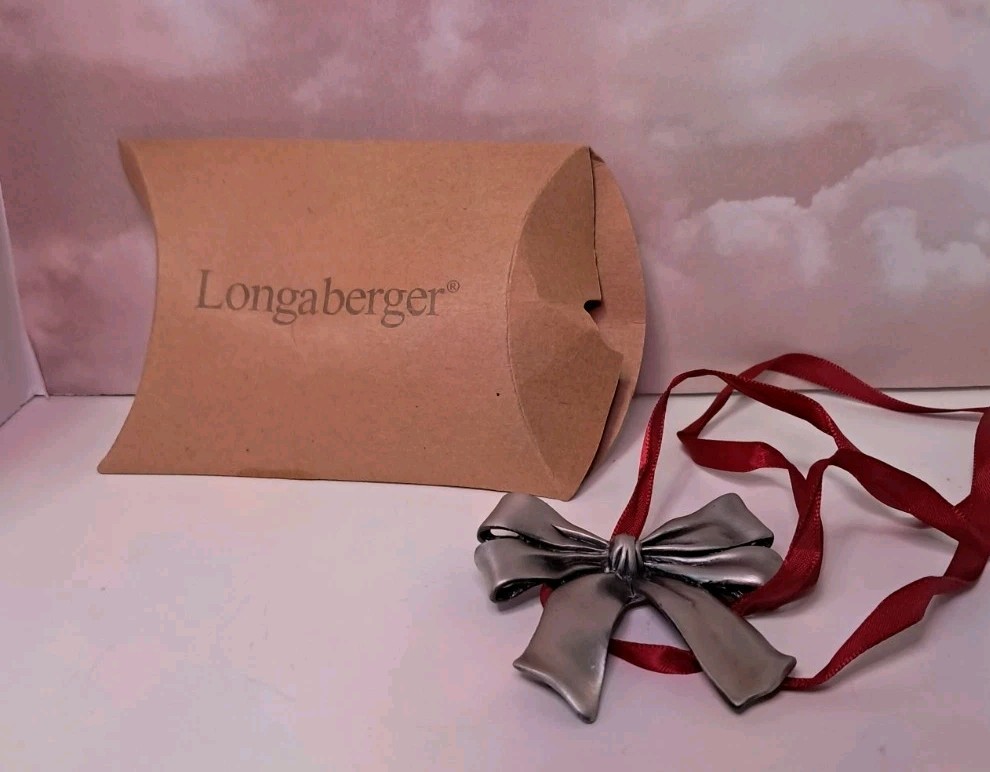Longaberger 2008 Pewter Christmas Silver Bow Red Ribbon in Original Packaging