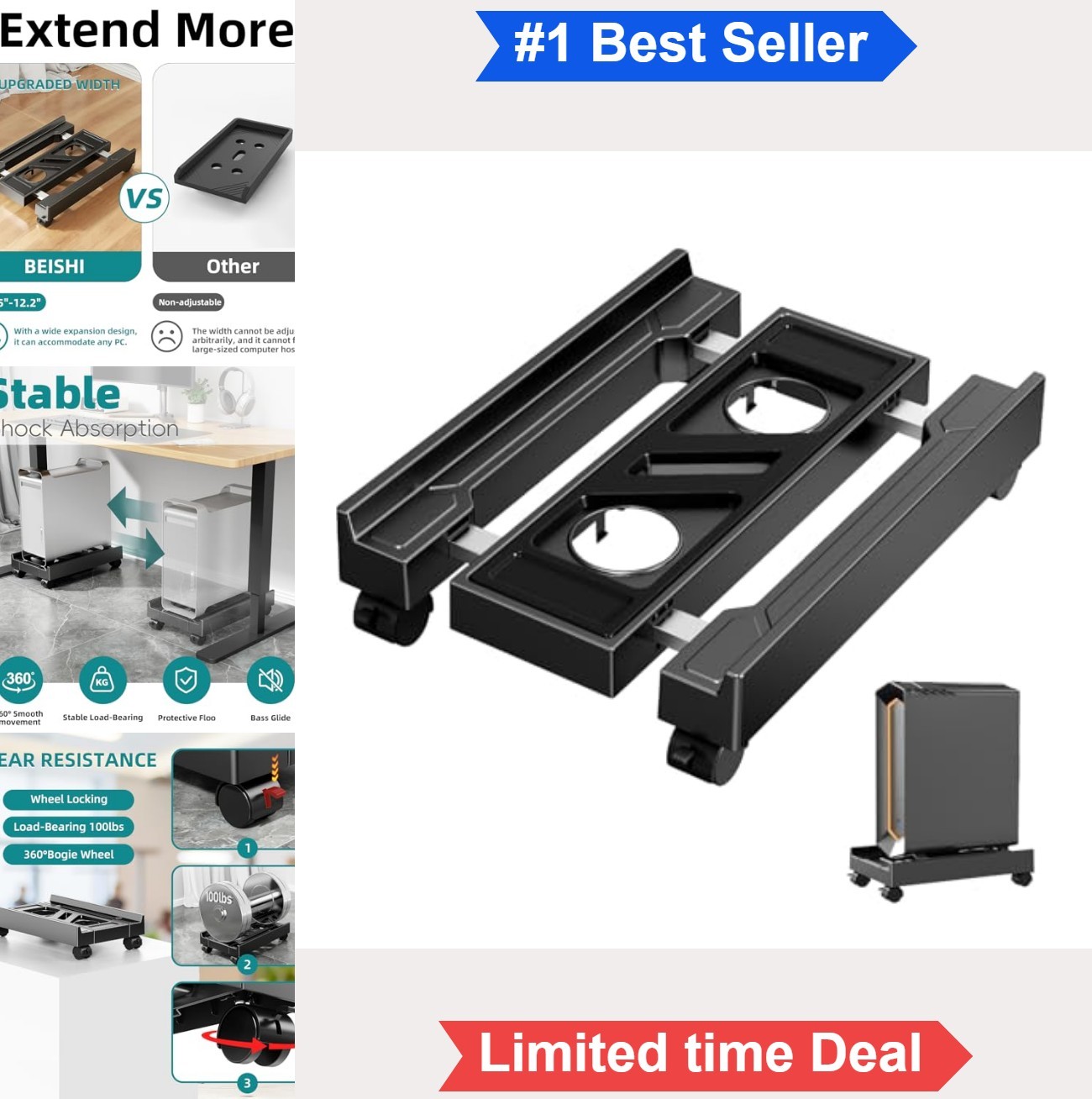 Adjustable Computer Tower Stand Under Desk CPU Holder PC Cart with Rolling