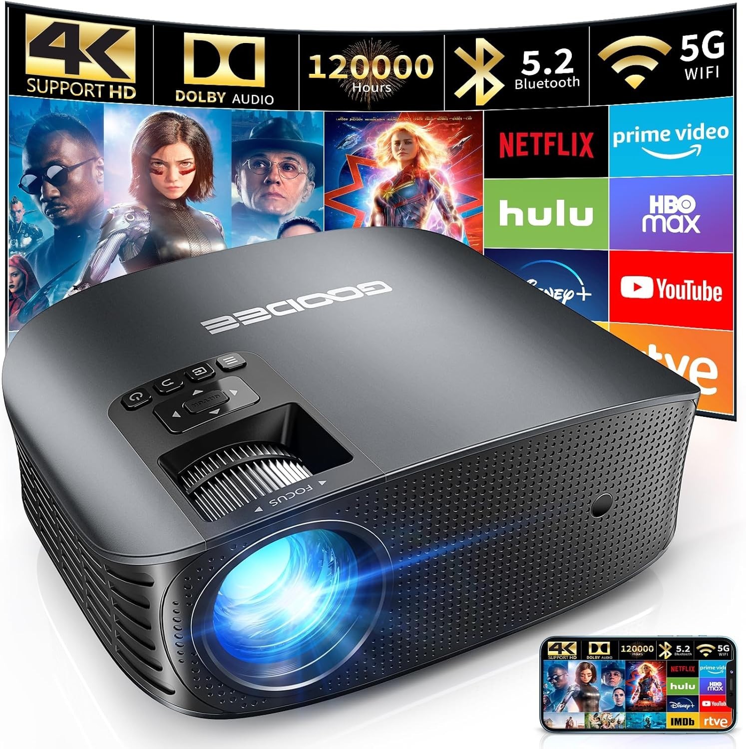 GOODEE PROJECTOR 4K WIFI BLUETOOTH FHD 1080P MINI PROJECTOR - TITANIUM GRAY