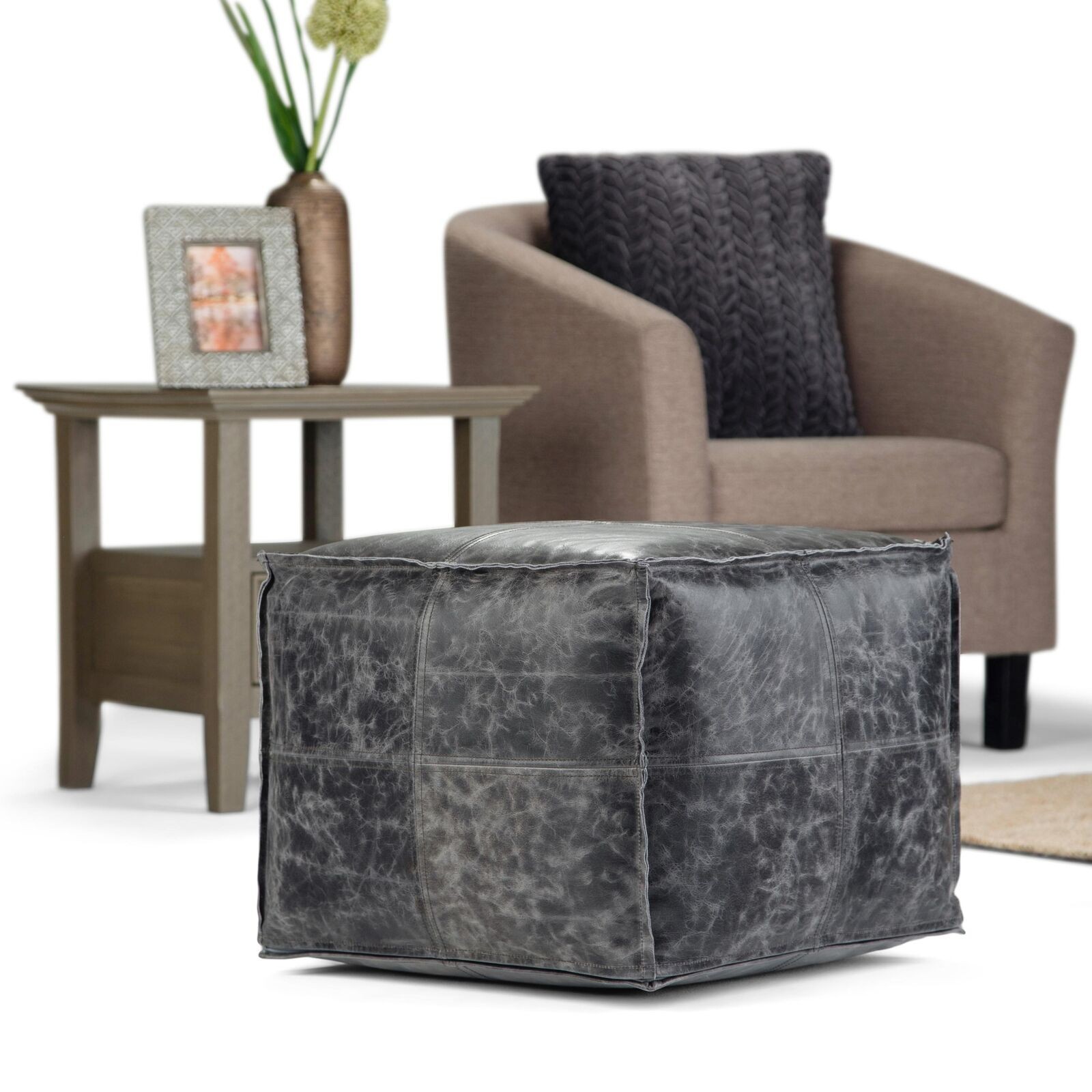 20'' Moroccan Leather Ottoman Pouf Boho Unstuffed Footstool Best Quality Black