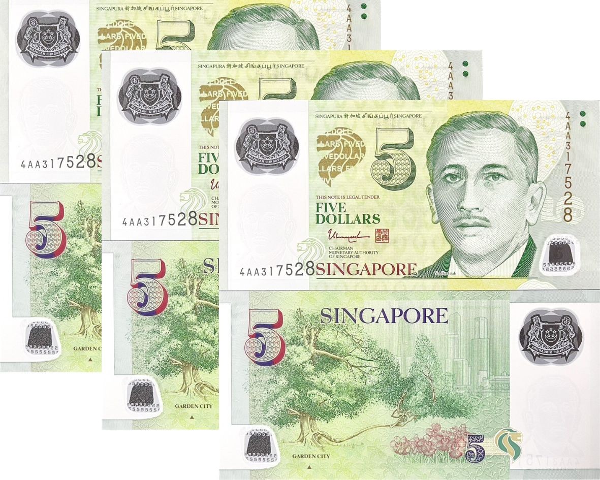 Singapore 5 Dollars ND 2014 P 47d Garden City W/Triangle UNC LOT 3 PCS