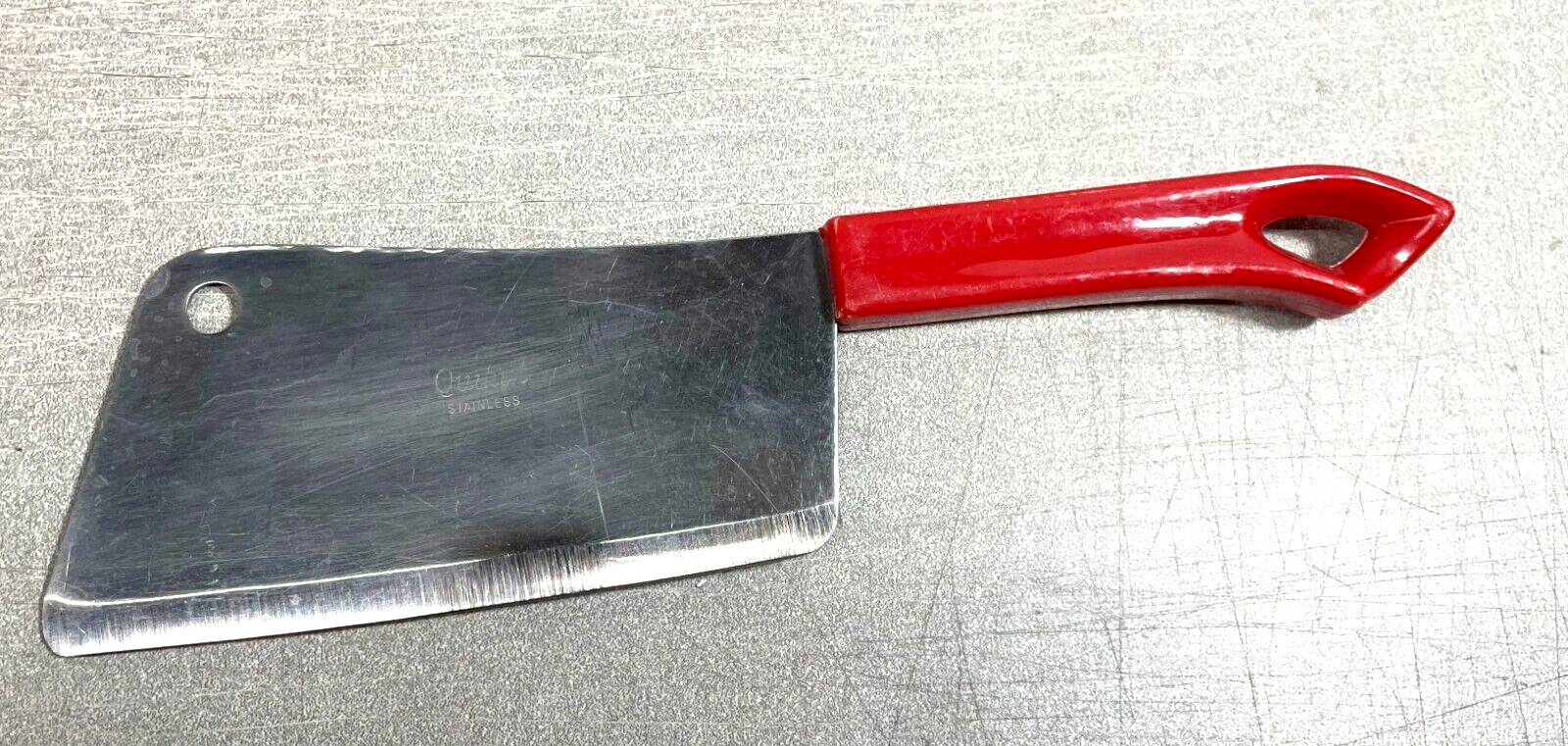 Vintage Quikut Stainless 5.25” Blade Red Handled Cleaver Chopper Cutter 10"