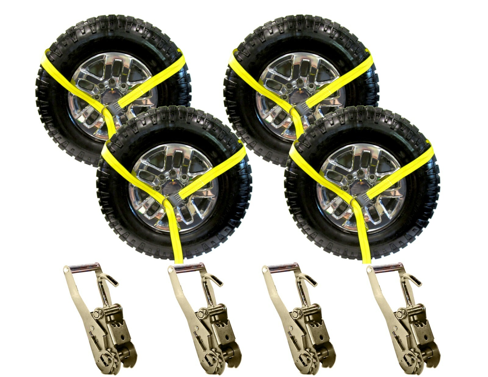 Yellow 8' Lasso Straps with Reinforced Eyes & 2" Finger Hook Ratchets Tie Down