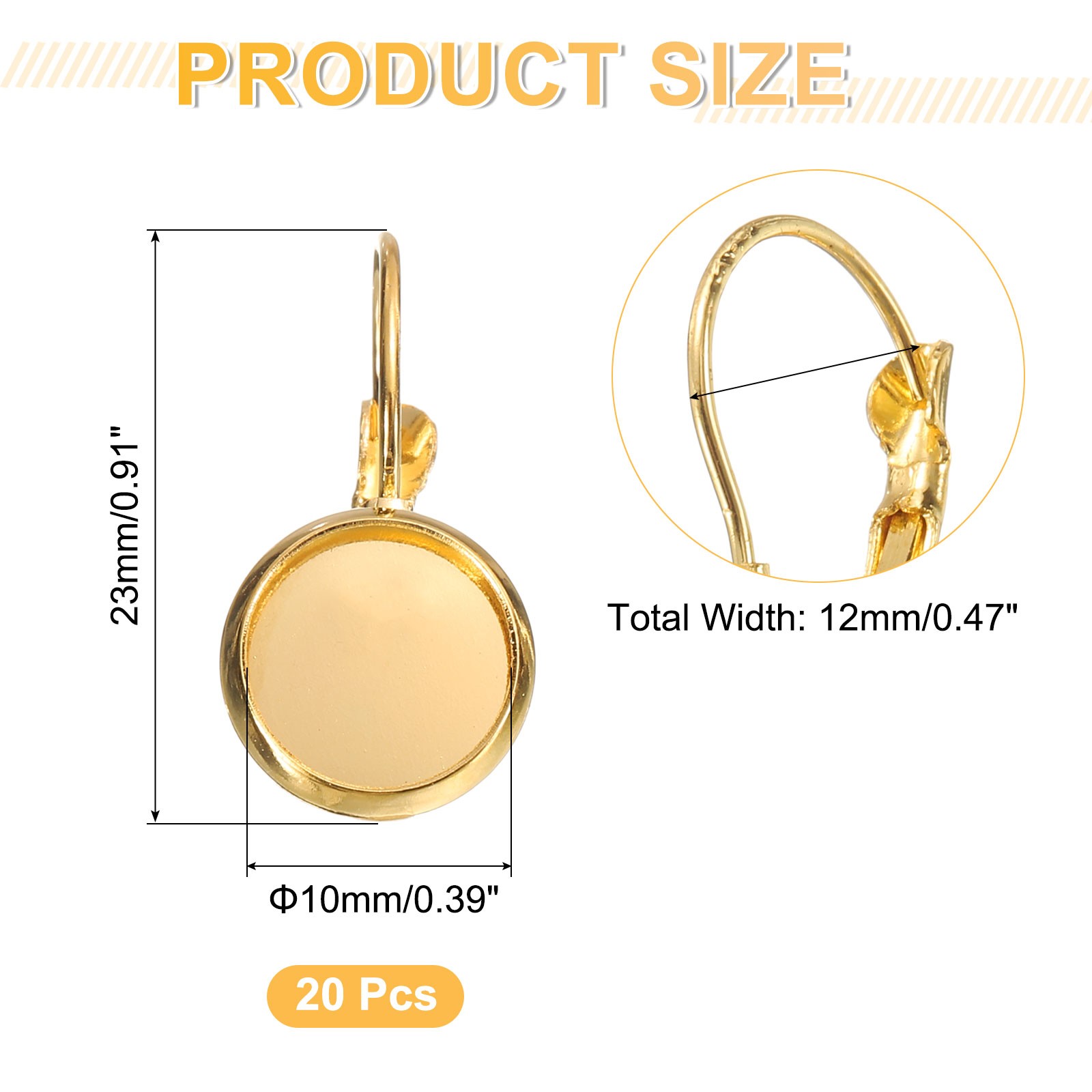 20Pcs Leverback Earring Hooks with 10mm Flat Round Blank Bezel Trays, Light Gold