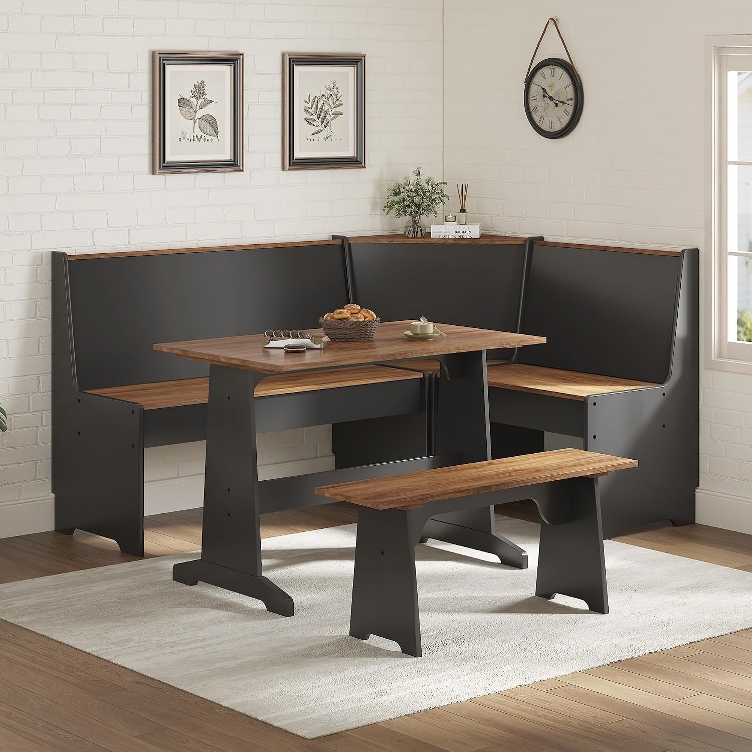 3 Pieces Corner Dining Table Set W/ Hidden Storage L-Shaped Breakfast Nook W/