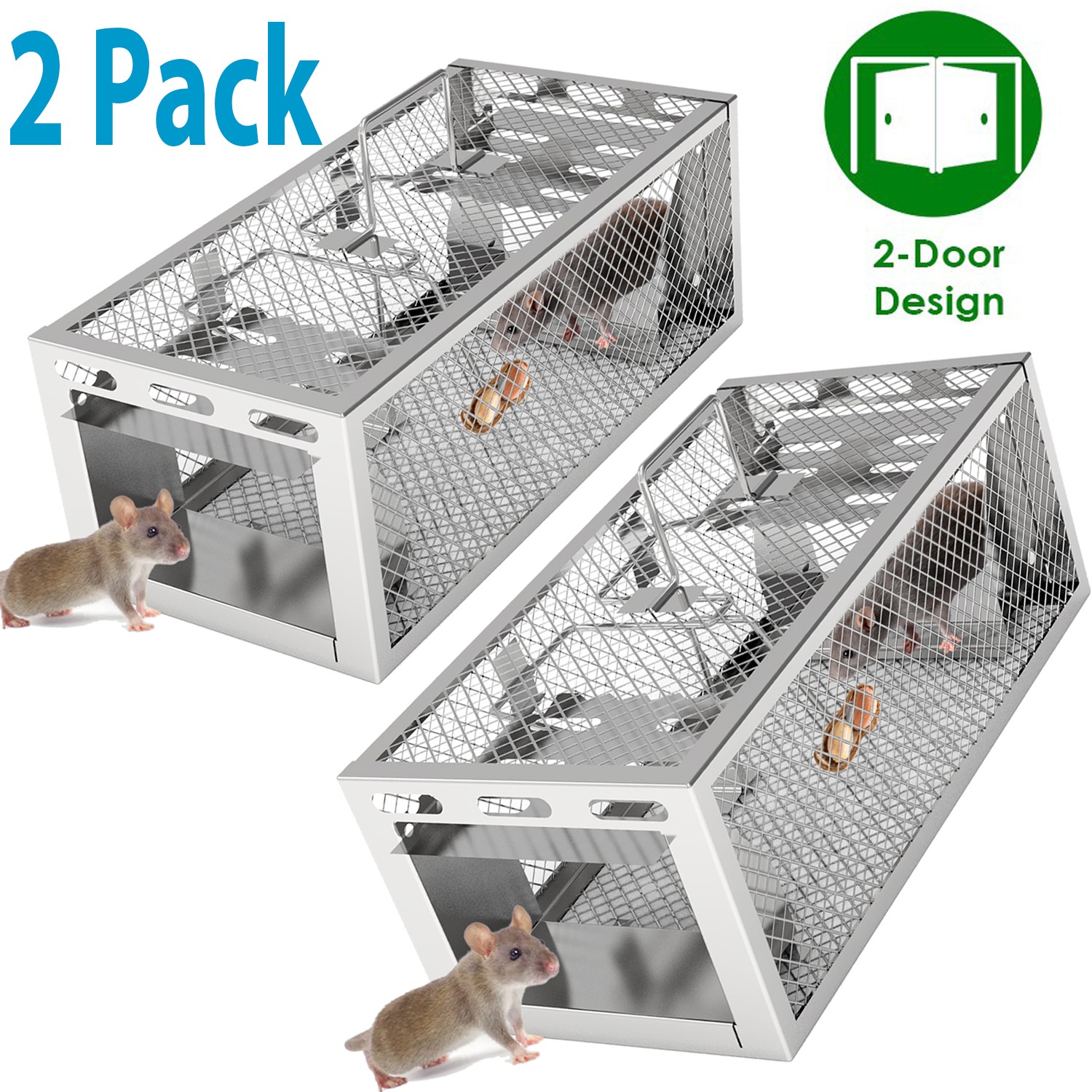 2 Pack 2-Door Mouse Trap Rat Trap Rodent Trap Live Animal Catch Cage Reusable