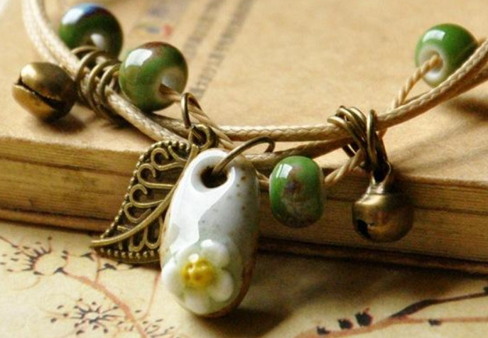 Boho Peasant Beaded Bracelet Charms Muted Green/Sage Macramé Twine Delicate