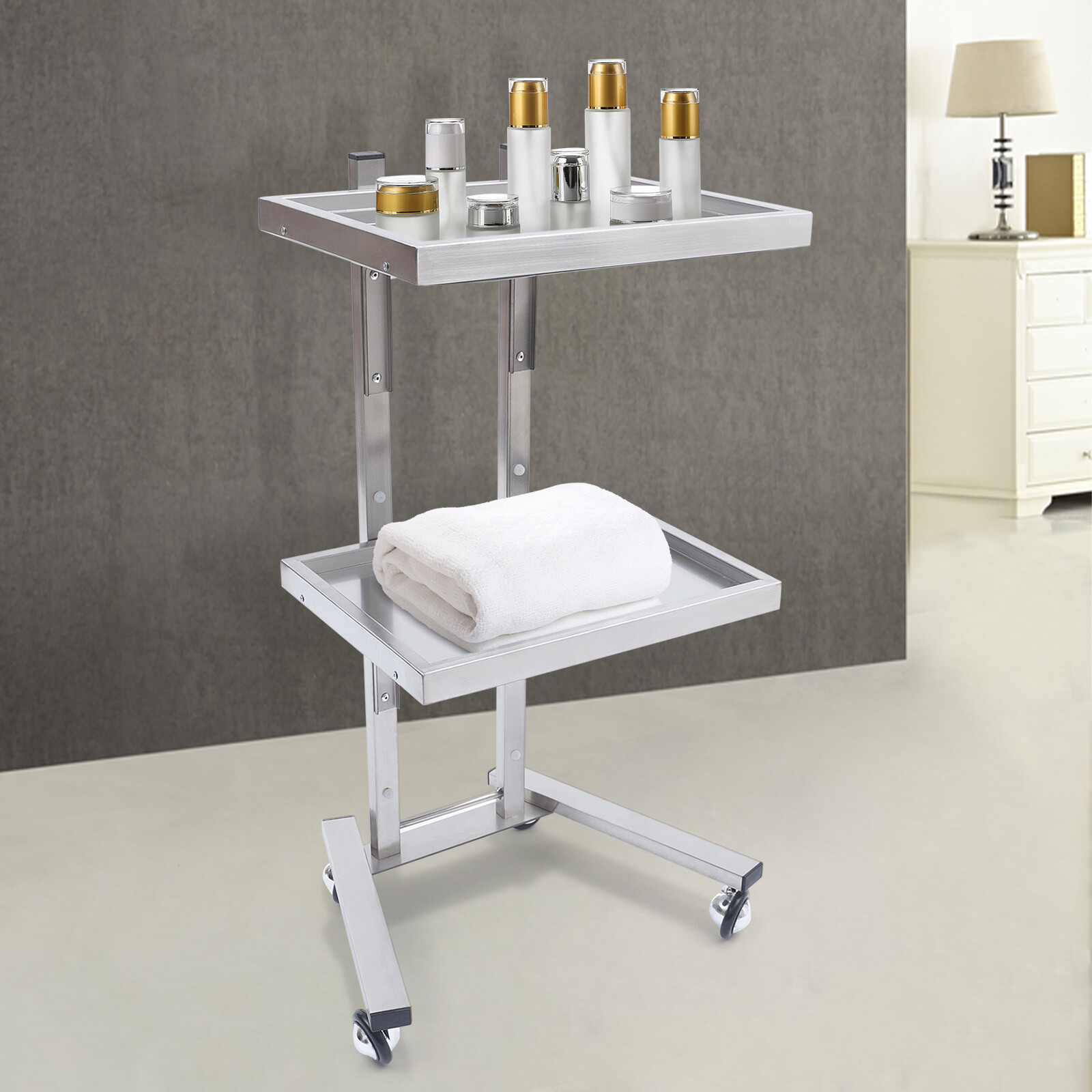 Stainless Steel Trolley Cart 2 Tier Hair Salon Tattoo Medical Tray Cart Silver