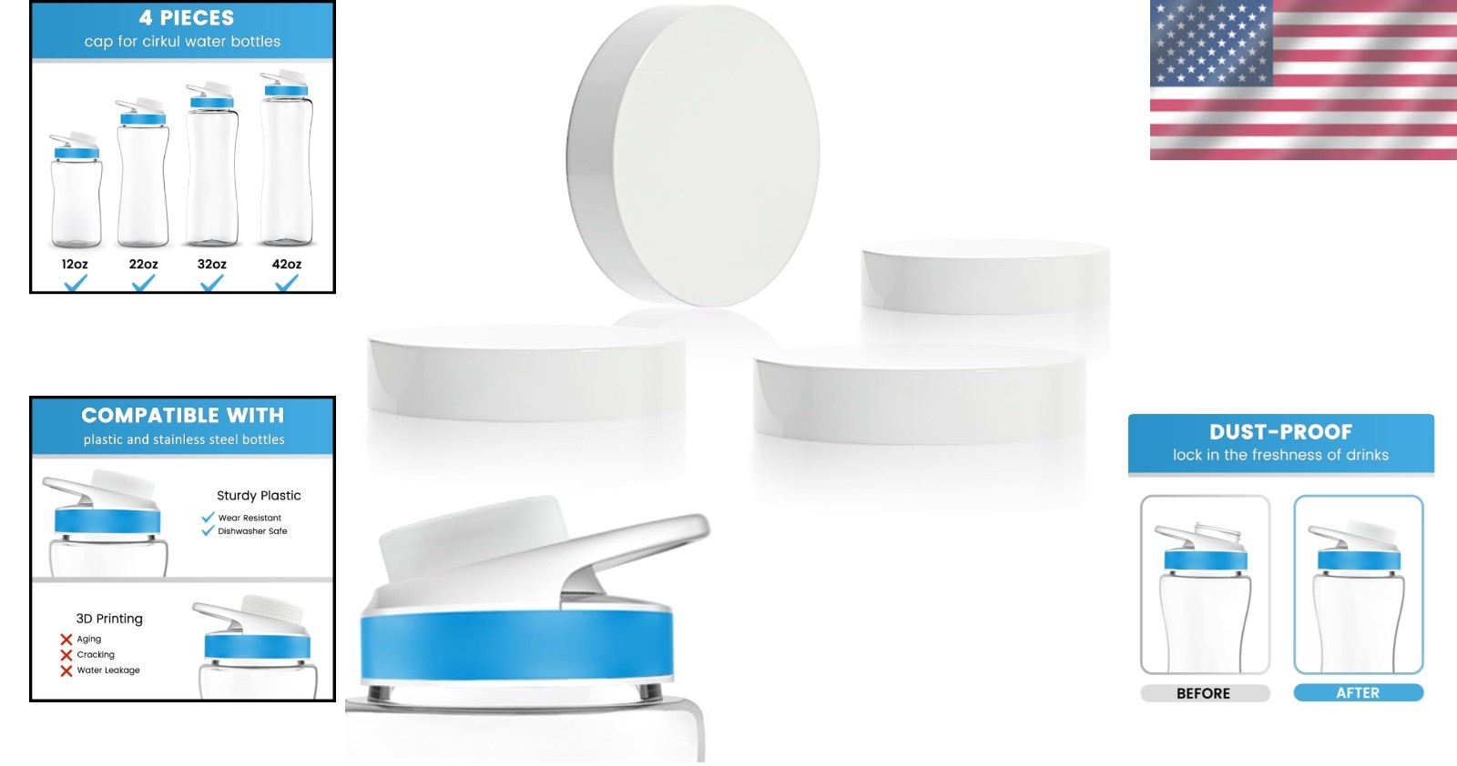 4-Pack Cirkul Water Bottle Lids - Leak-Proof & Dishwasher Safe Caps
