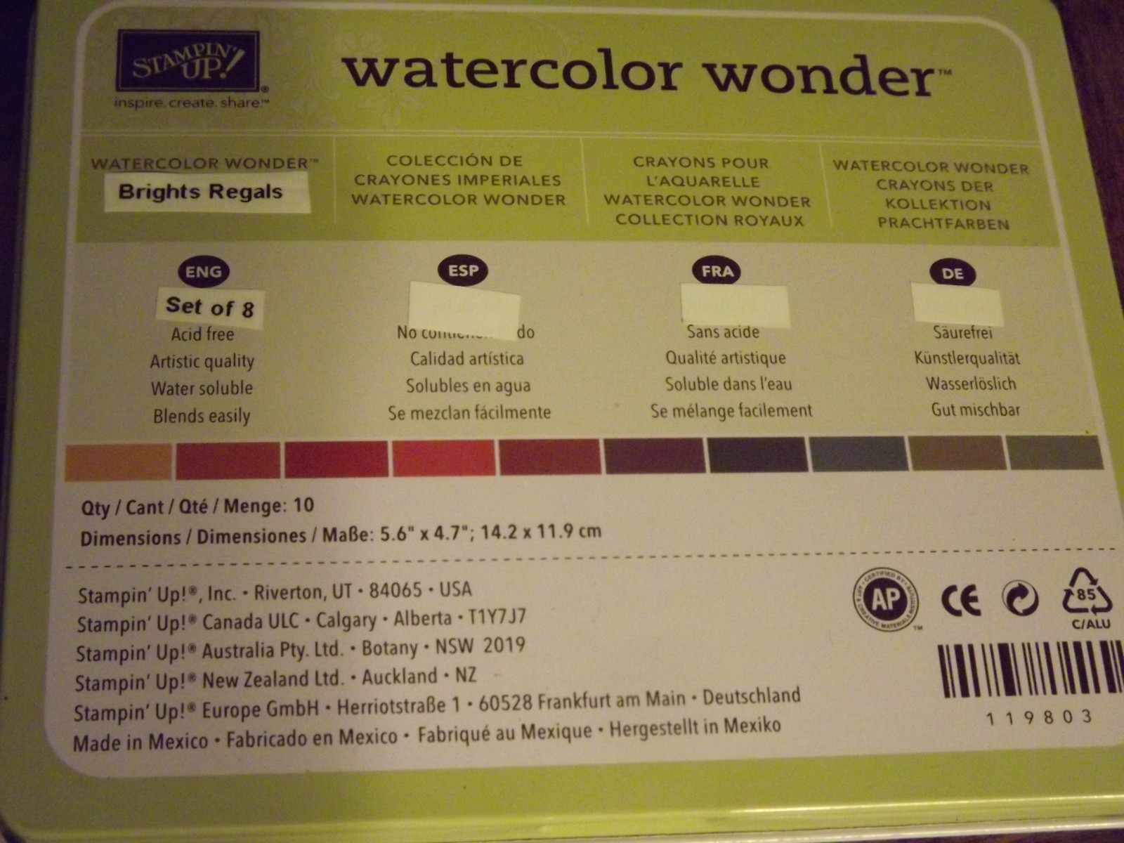 Sampin Up Watercolor Wonder-Watercolor Crayons-Regals/Brights Set of 8-Retired
