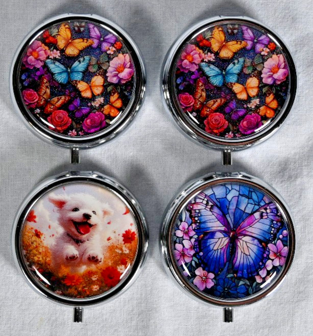 Set of (4) Butterfly & Puppy Round Pill Box 3 Compartments Mini Pocket Size