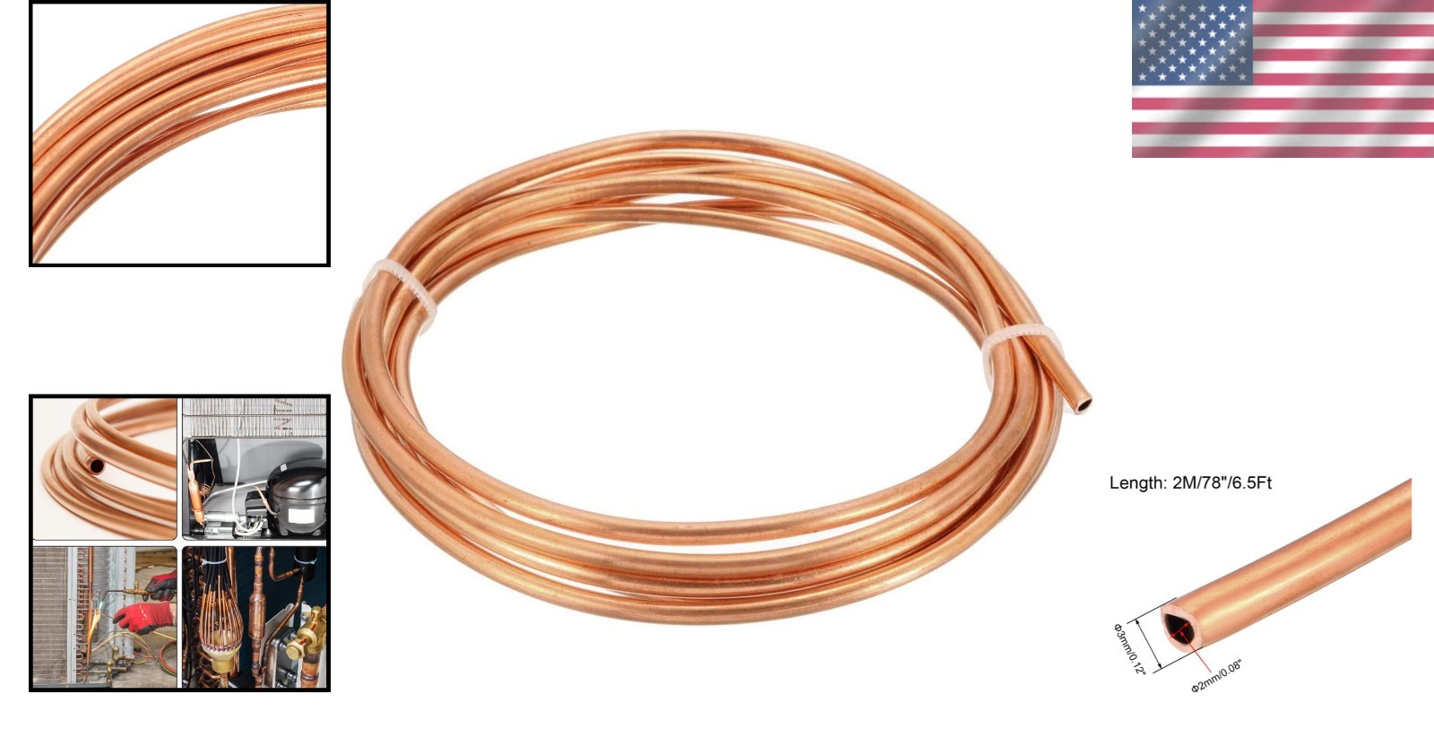 Refrigeration Tubing 1/8" OD x 5/64" ID x 6.5 Ft Length Soft Coil Copper Tubing
