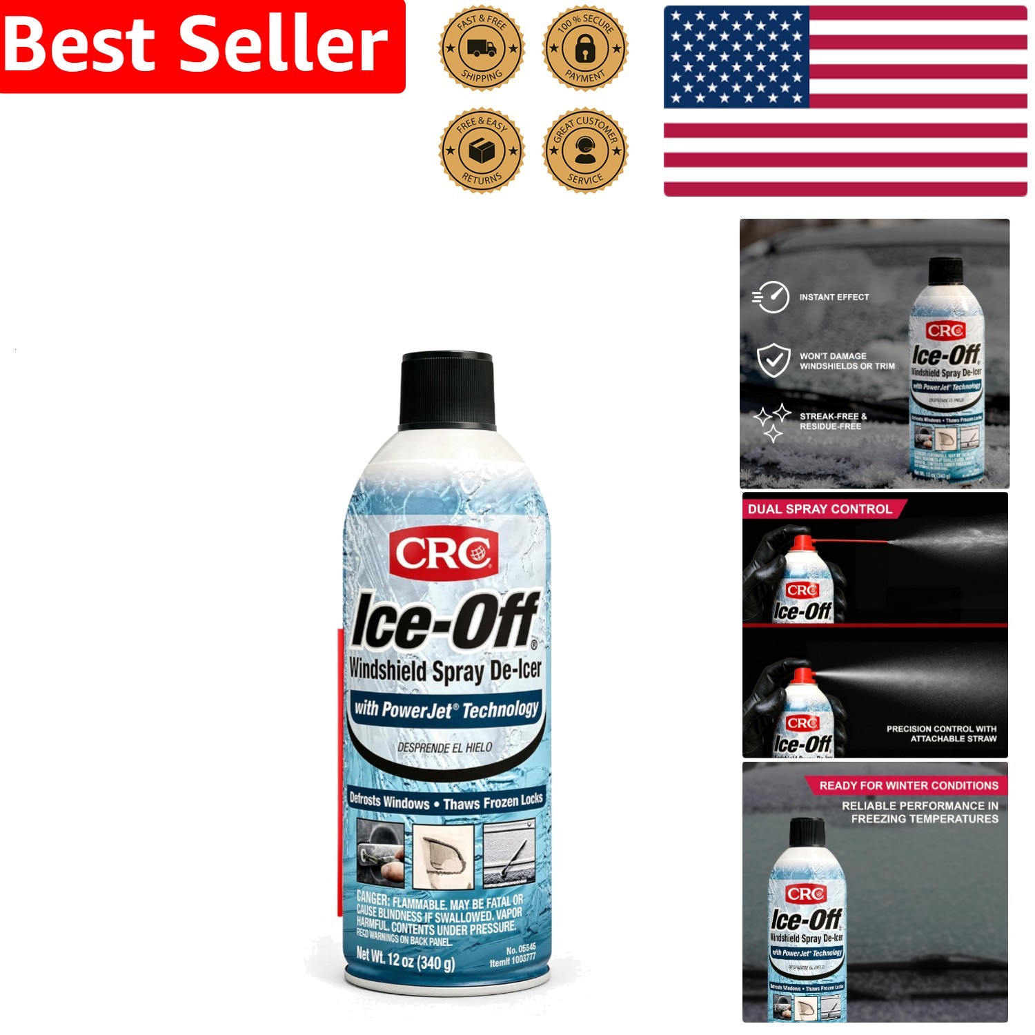 Ice-Off Windshield De-Icer Spray - 12oz - Fast Acting Snow & Frost Melt for Cars