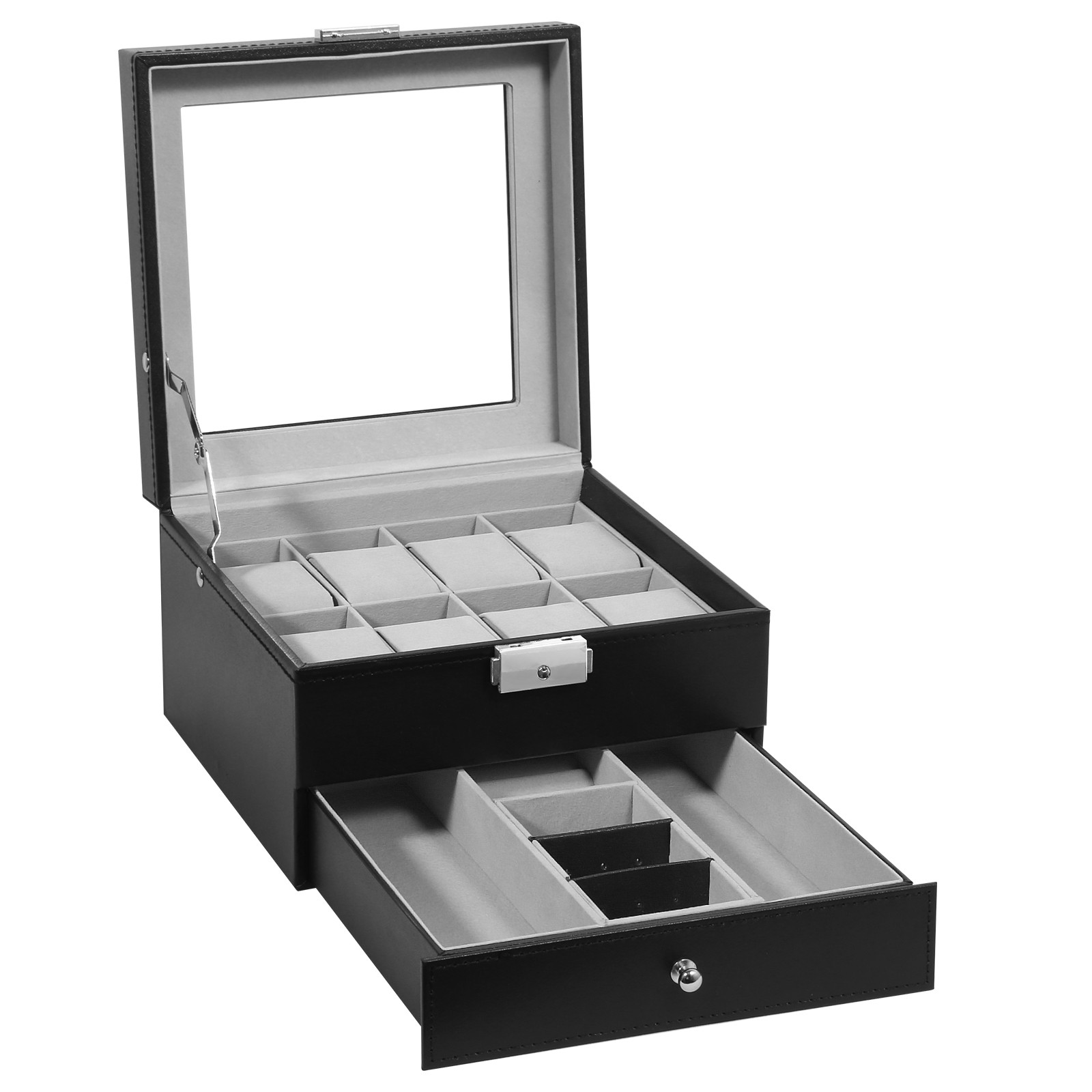 Men's 8 Slot PU Leather Watch Box w/ Glass Lid Jewelry Display Case Organizer