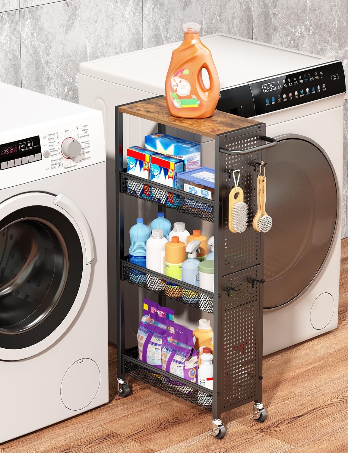 Utility Slim Storage Cart 4 Tier Small Rolling Kitchen Laundry Room Organizat...