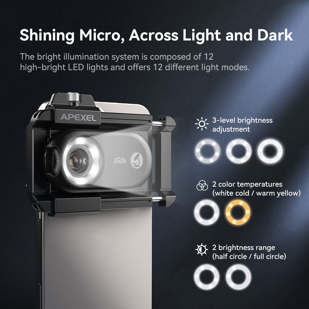 APEXEL 150X Microscope Digital Smartphone Macro Micro Lenses Built-in LED light