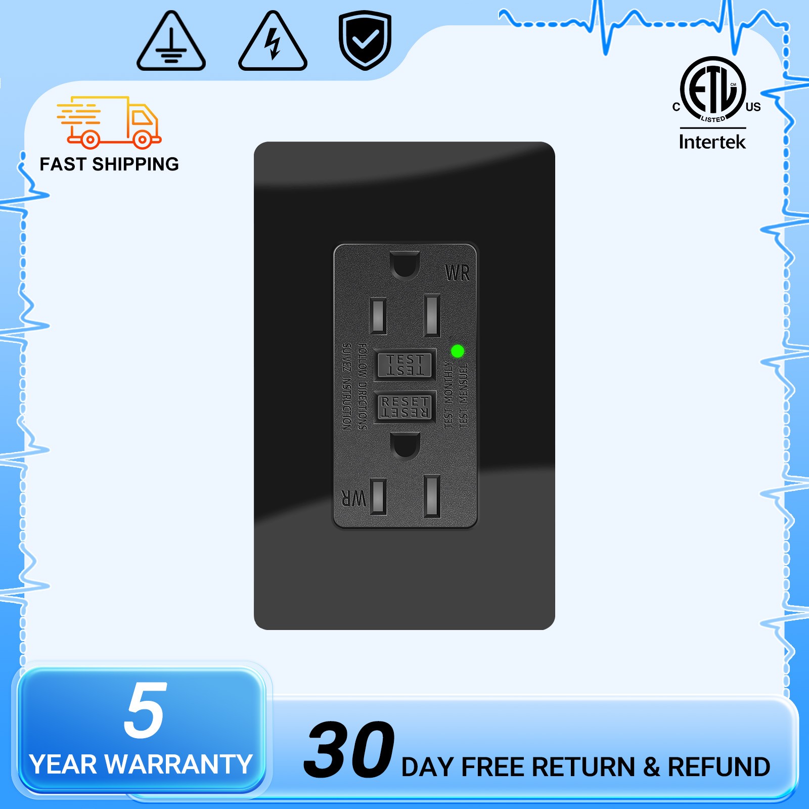 15A Amp GFCI Outlet Ground Fault Receptacle Tamper-Resistant WR Black ETL Listed