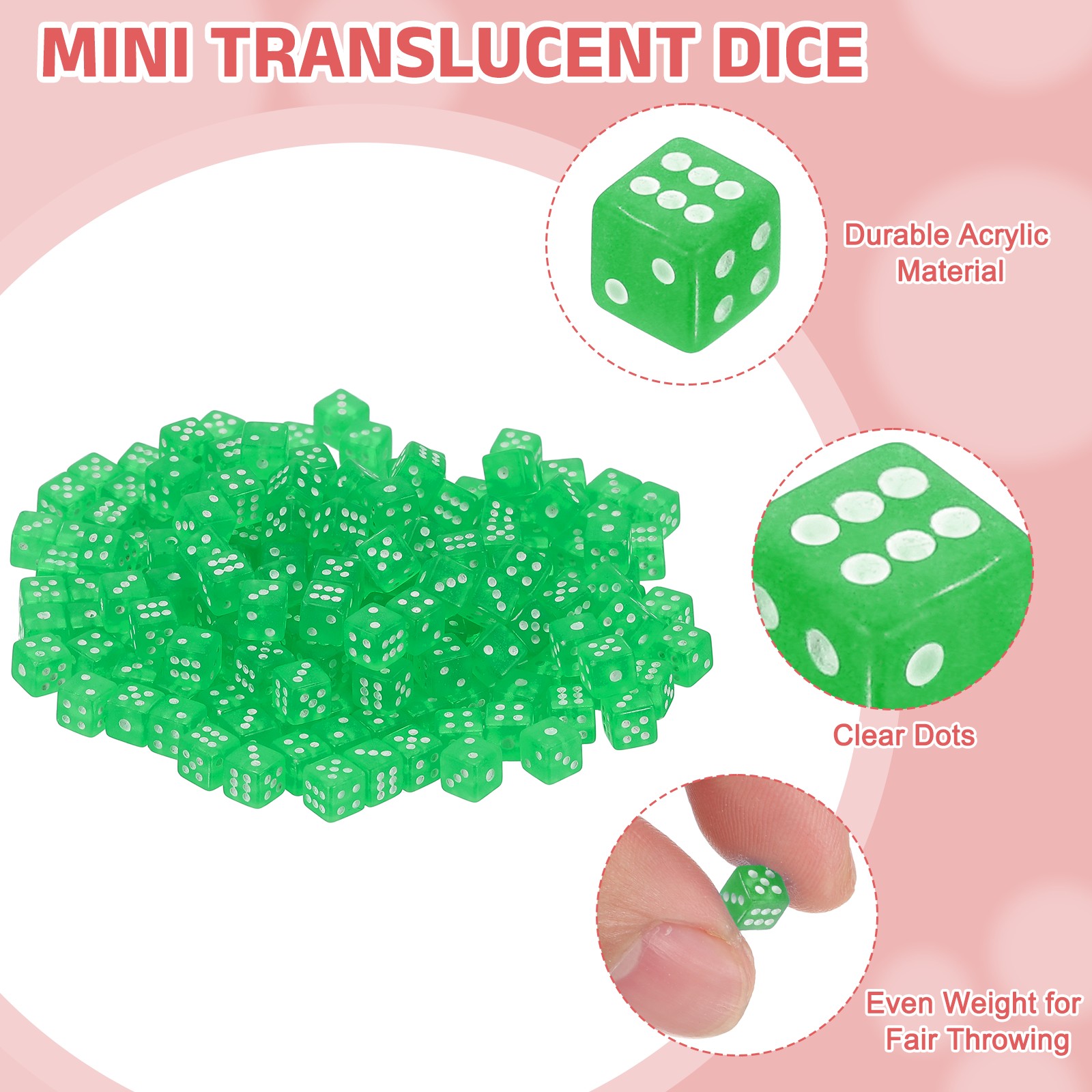 200Pcs Translucent Polyhedral Dice 5mm 6 Sided Square Corner Dice, Green