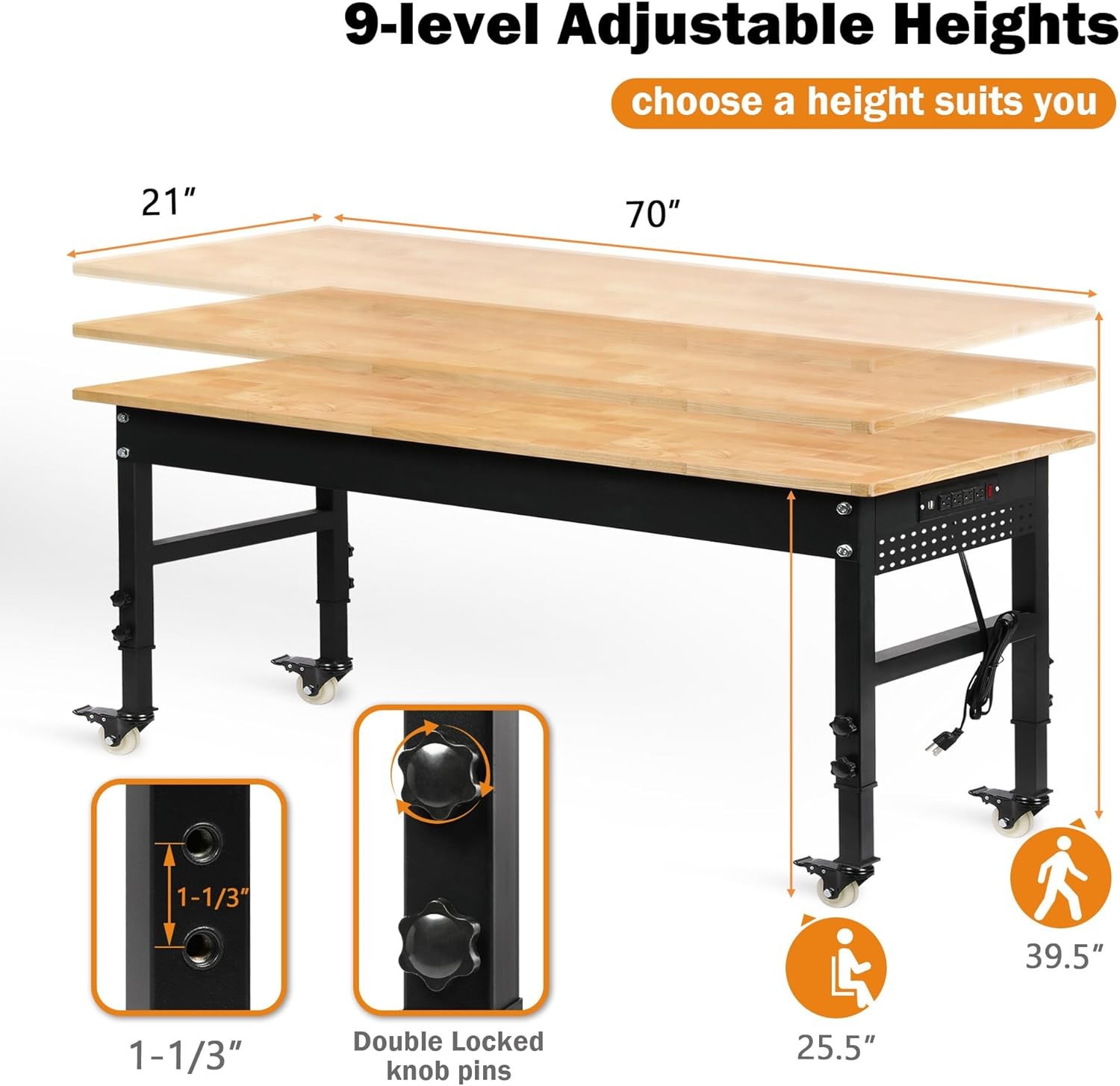 70" Adjustable Workbench on Wheels, 2000 LBS Heavy Duty Work Table with Power Ou