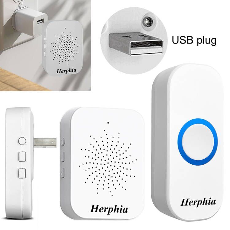 Wireless Doorbell USB Plug in &Play Waterproof Door Bell Kit LED Flash 20 Chimes