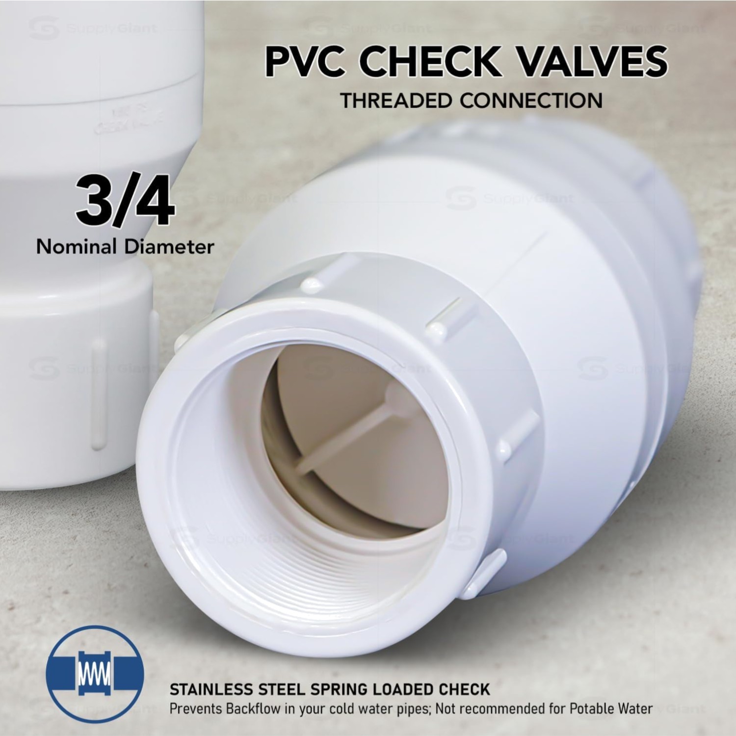 4I2U34 PVC Inline Check Valve for Backflow Prevention 3/4'' FIP White Plastic