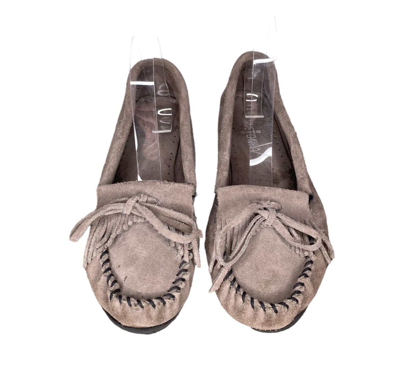 Minnetonka Women's 8 Kilty Hardsole Gray Suede Leather Fringe Moccasins Loafers