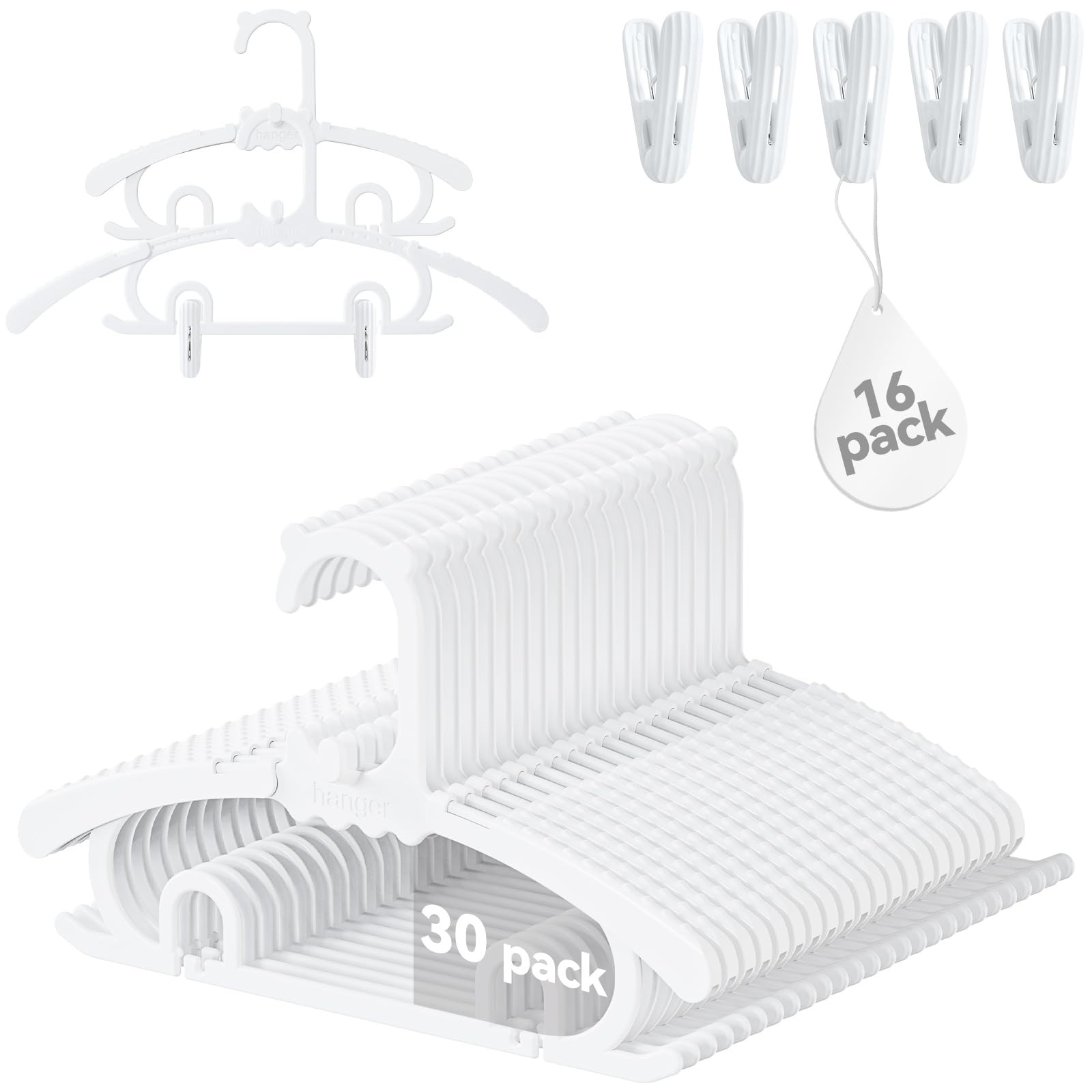 30 Pack Baby Hangers,with 16 Detachable Clips Adjustable 11.14"-15.55", Stack...