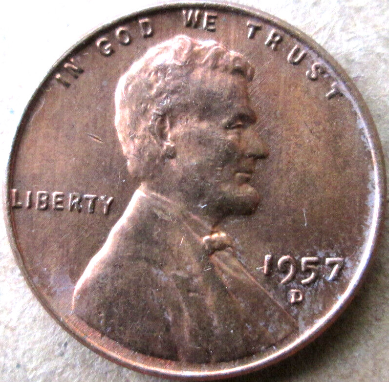 1957--D WHEAT CENT, MS++ CONDITION, RED/BROWN COLOR, CIRCULATED