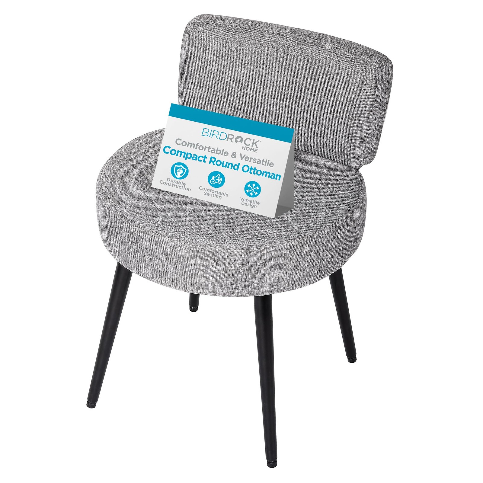 BirdRock Home Grey Linen Chair with Back - Small - Soft Compact Round Padded Sea