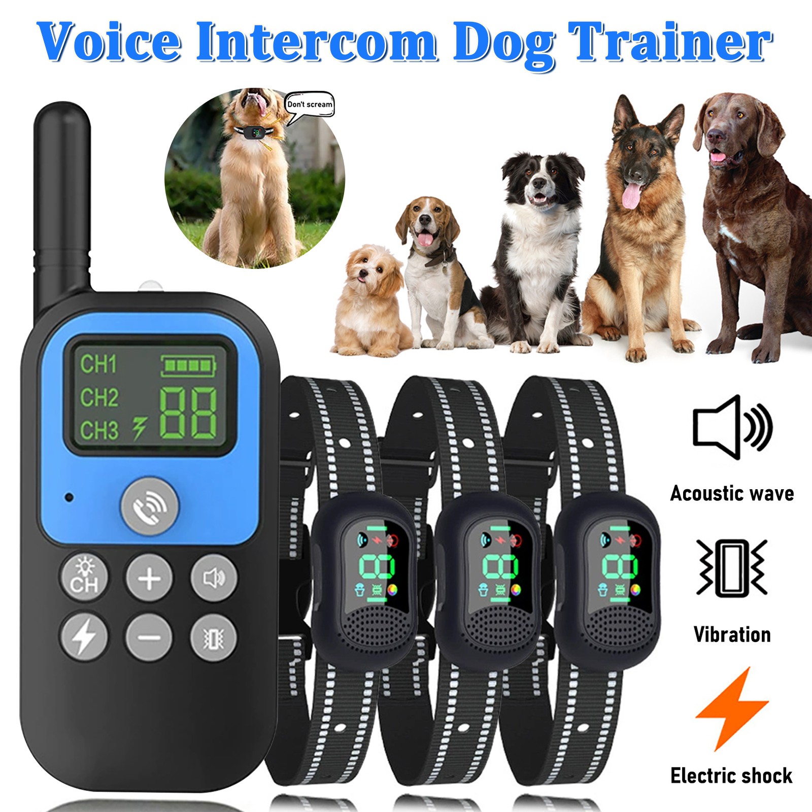 4900 FT Remote Dog Shock Training 3 Collar Set Rechargeable Waterproof LCD Pet