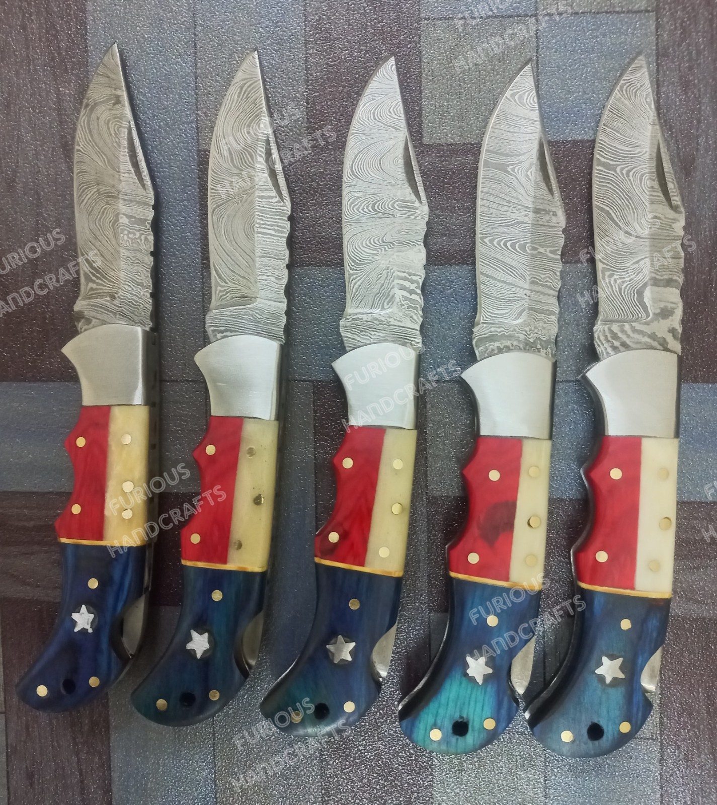 Lot of 20 pcs Damascus Steel Back Lock Folding Pocket knife US Texas Flag Handle