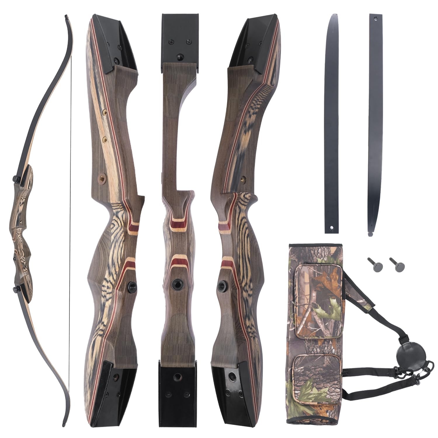 Recurved Wooden Takedown Archery Bow 62" Hunting Bow - Arrows Quiver Bag and ...