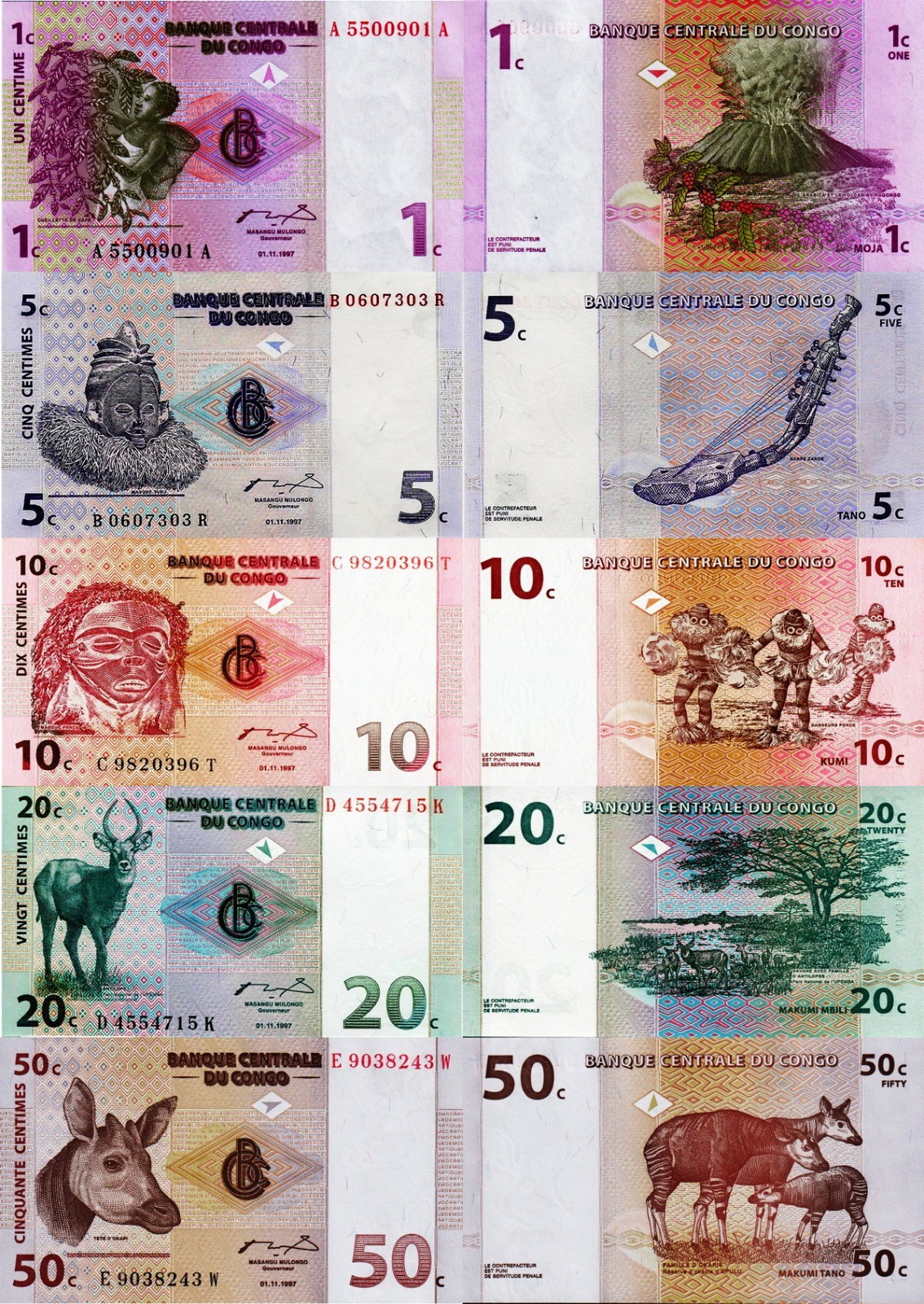CONGO - Lot of 5 banknotes 1/5/10/20/50 centimes 1997 FDS - UNC