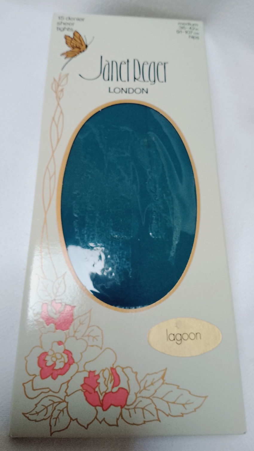 Janet Reger London 1970s Vintage 15 Denier Sheer Lagoon Tights Med 36"-42" Hips