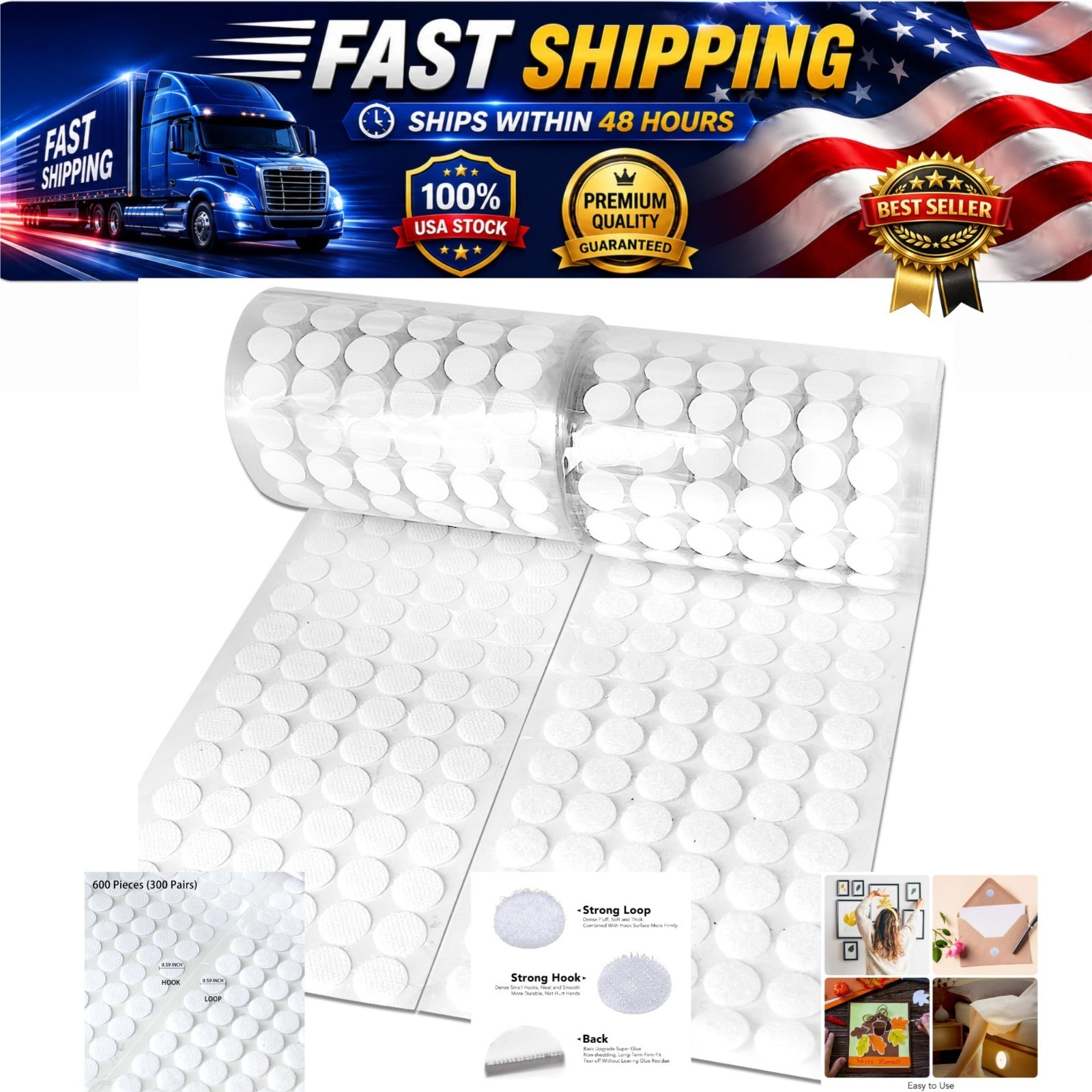 Self Adhesive Hook & Loop Dots 600pcs 300 Pairs White 0.59in Nylon