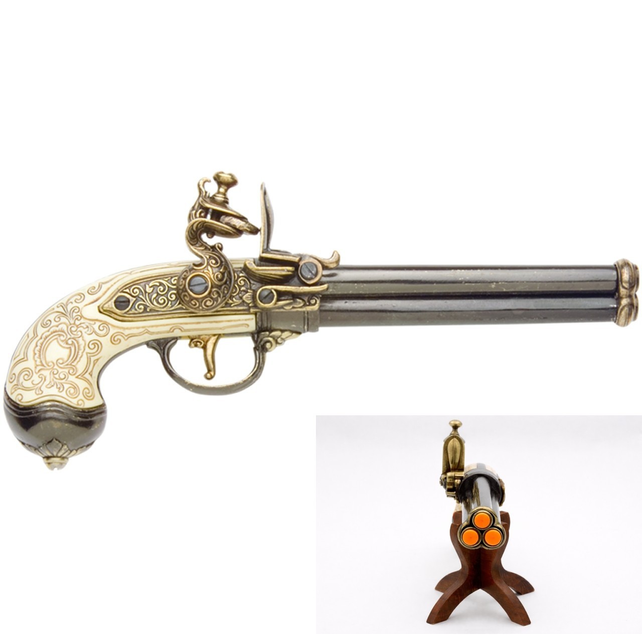 Denix Decorative Brass Italian 3 Barrel Non-Firing Flintlock Pistol Replica