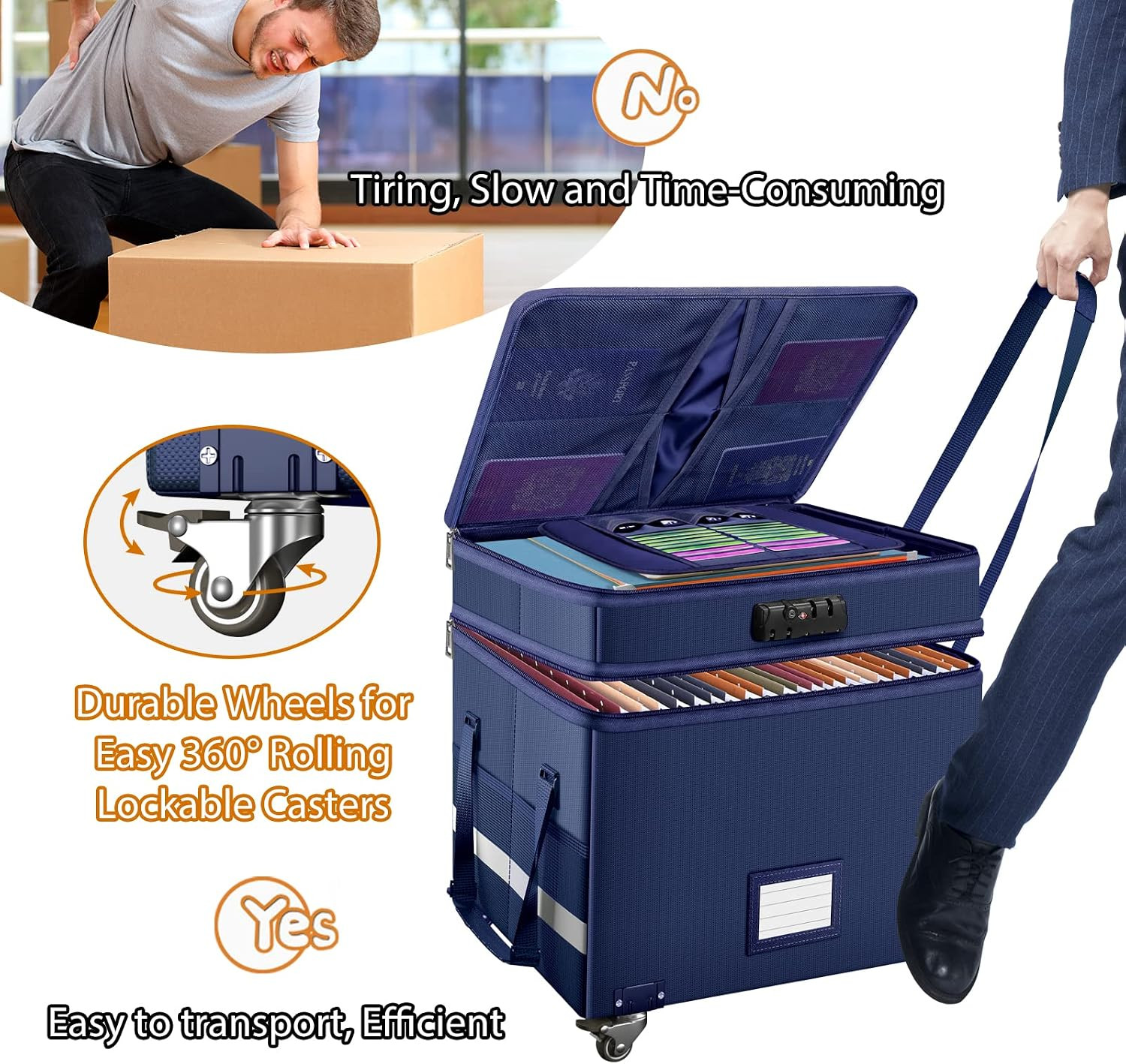 File Box with Lock, 2-Layer Fireproof Document Box with Wheels,Collapsible File